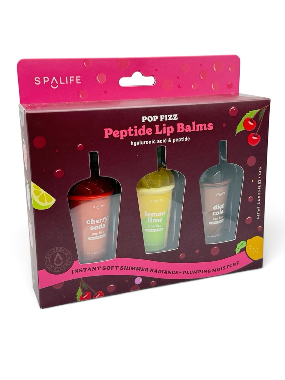SpaLife Pop Fizz Peptide Lip Balm 3-Pc Set Cherry Soda Lemon Lime Diet Cola